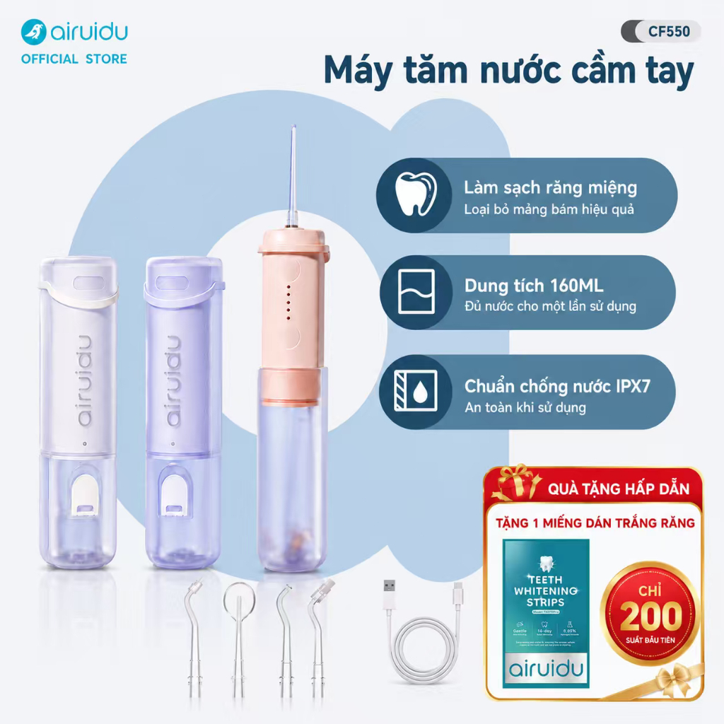 Airuidu Máy Tăm Nước Gập Gọn 160ml Du Lịch Mini Cầm Tay Chống Nước IPX7 Sạc…