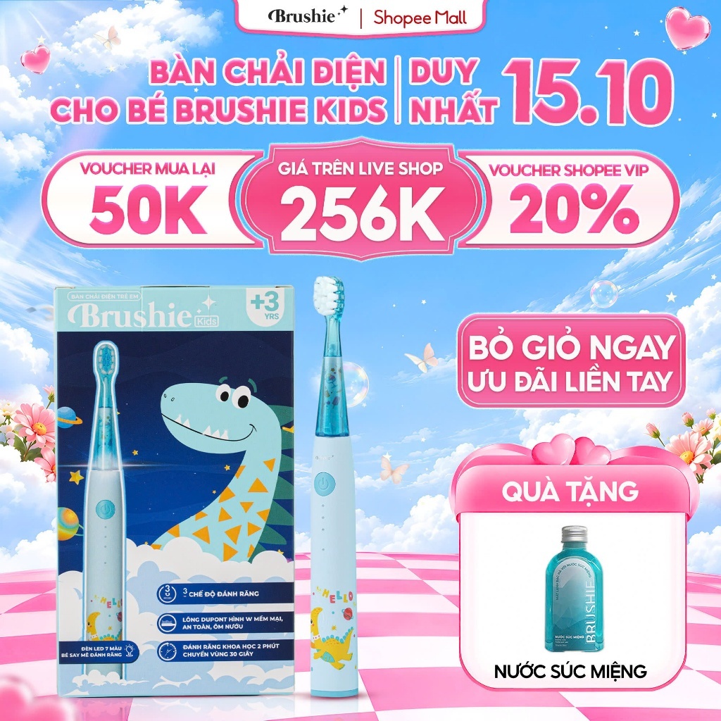 Bàn chải điện cho bé Brushie Kidss 3 chế độ làm sạch, lông mềm cho răng nhạy…