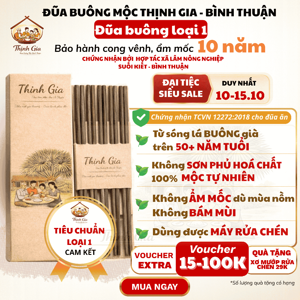 Đũa Buông Cao Cấp (loại 1) Thịnh Gia - 100% Tự Nhiên Không Sơn Phủ, Không Ẩm…