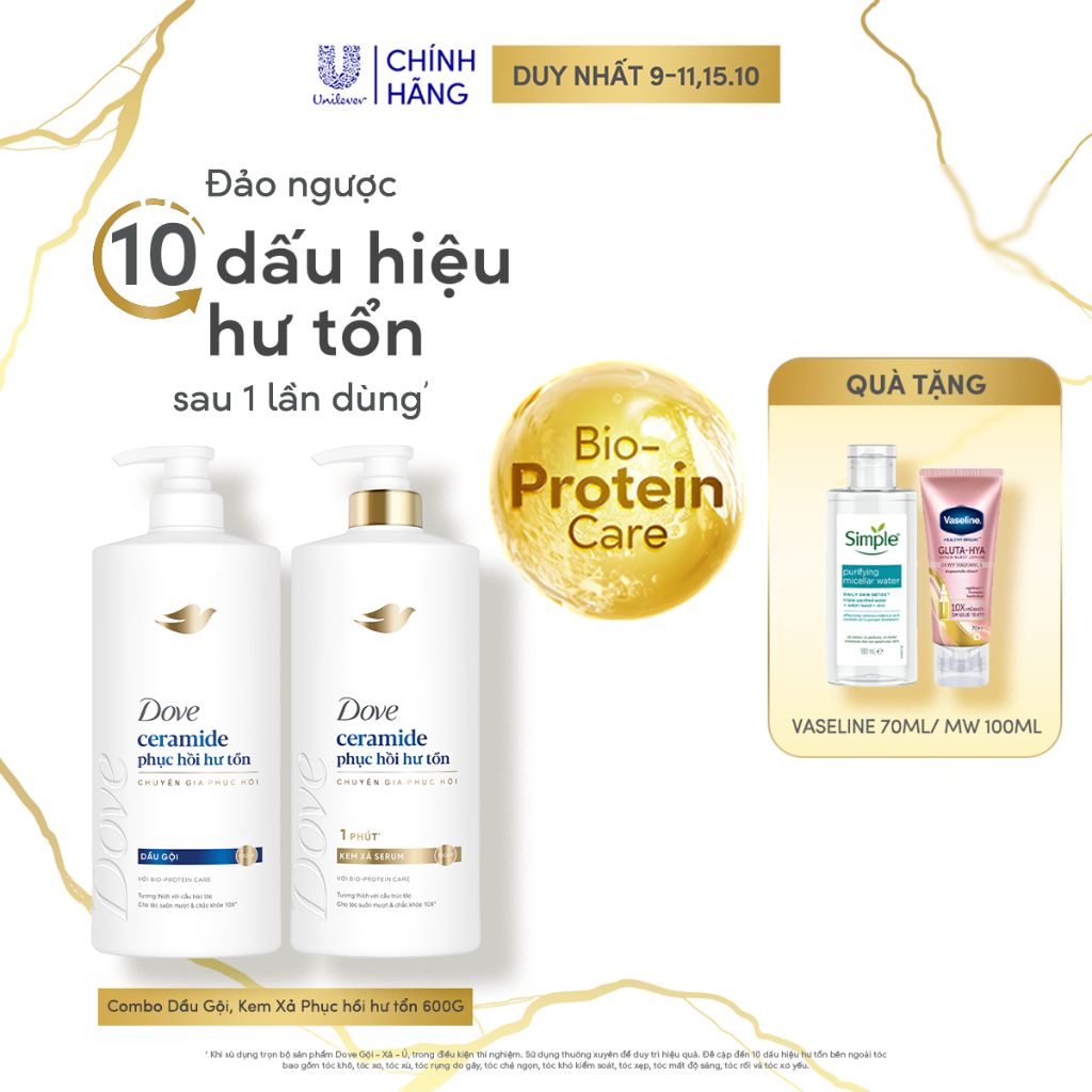 Combo Dầu Gội, Kem Xả Dove Ceramide Phục hồi hư tổn/Biotin Ngăn gãy rụng tóc…