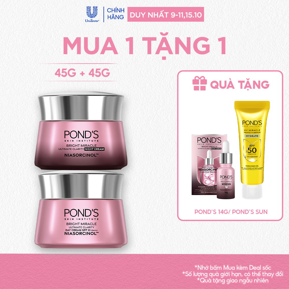 Bộ 2 Kem dưỡng sáng da đa tầng ngày & đêm Pond's Bright Miracle mờ thâm sạm với 50X Niasorcinol 45G+45G