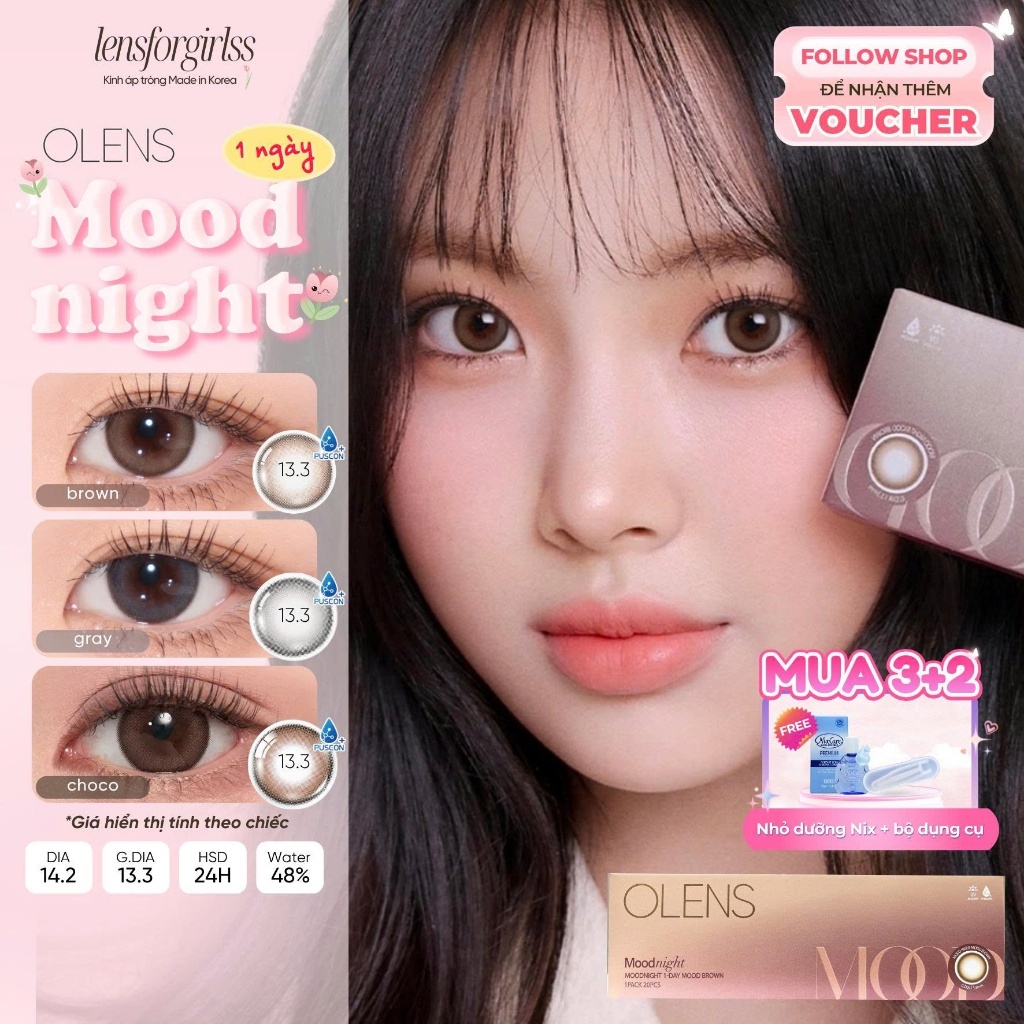 Kính áp tròng 1 ngày LENSFORGIRLSS lens nâu sữa giãn tròng Olens Moodnight…