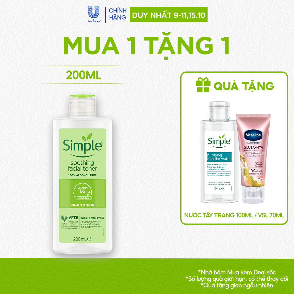 Nước hoa hồng cân bằng da simple soothing toner 200ml