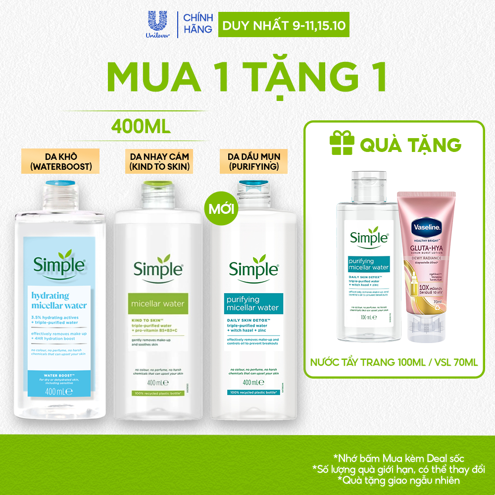 Nước tẩy trang sạch sâu dịu nhẹ - simple micellar water 400ml
