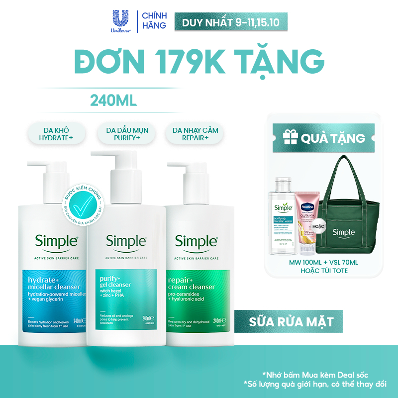 Sữa Rửa Mặt Simple 240ml Purify+ Giảm Mụn Sau 7 Ngày, Repair+ Phục Hồi Da…