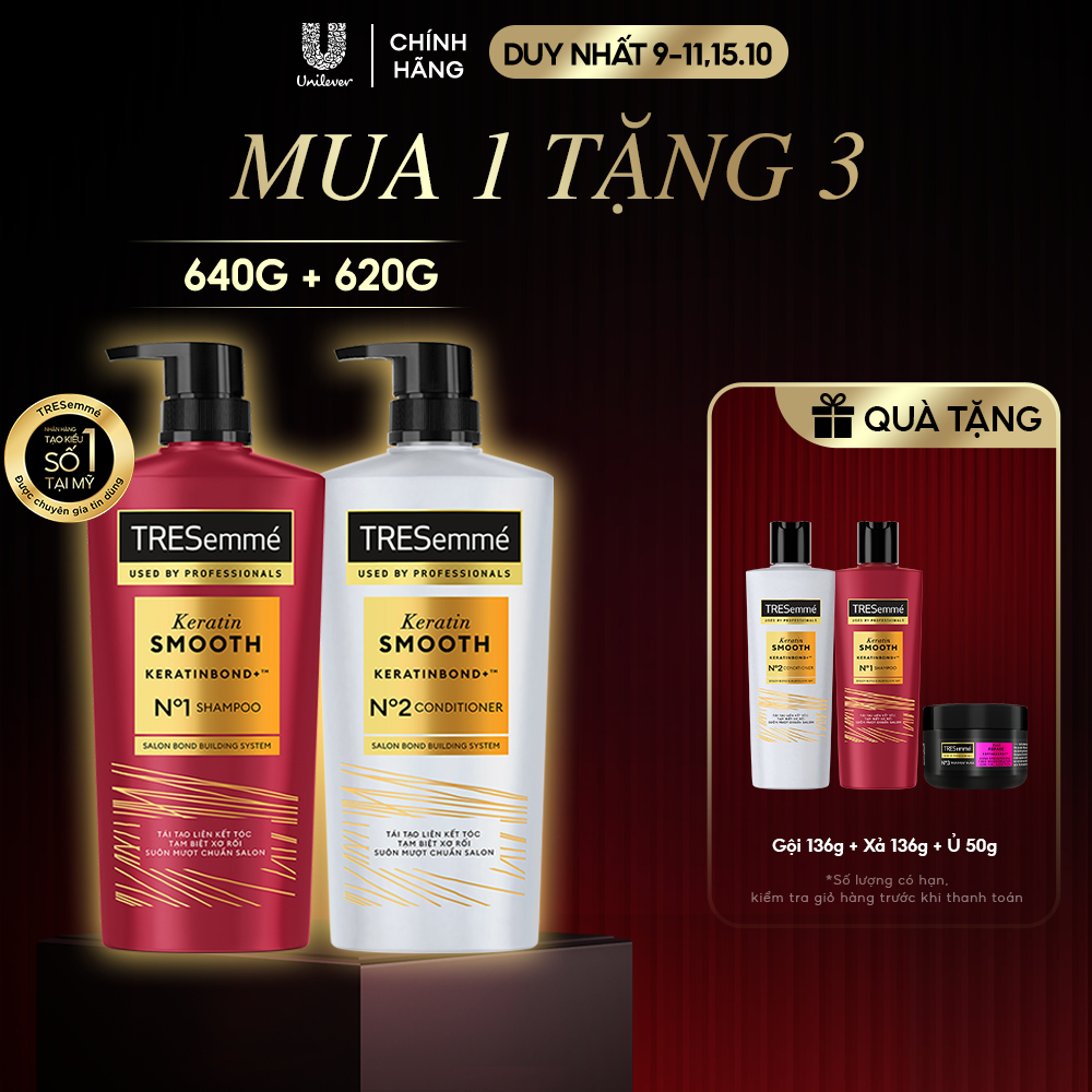 Combo Dầu Gội, Dầu Xả TRESemmé Keratin Smooth Keratinbond+ Cho Tóc Khô Xơ Rối Vào Nếp Suôn Mượt 640g,620g