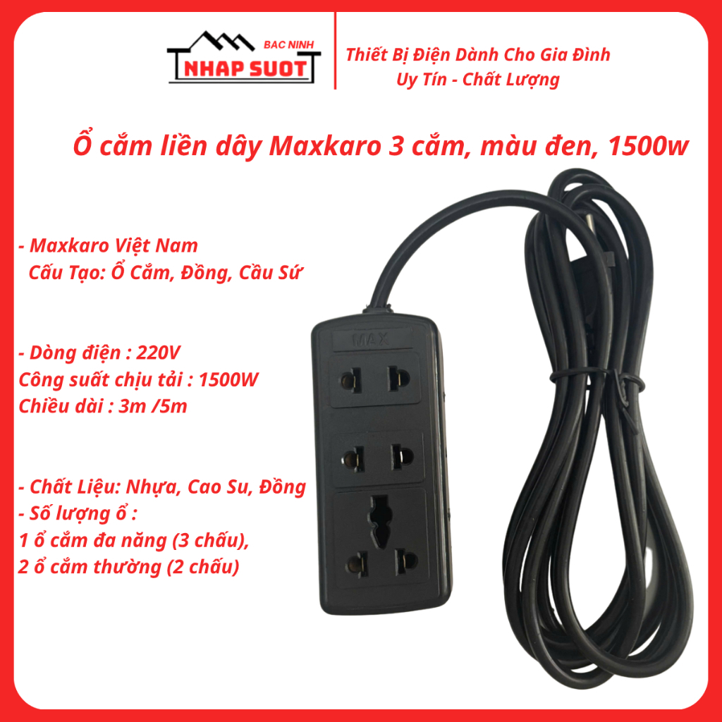 Ổ cắm điện liền dây Maxkaro 3 chỗ cắm, màu đen, chịu tải 1500w, dây dài 3m, 5m