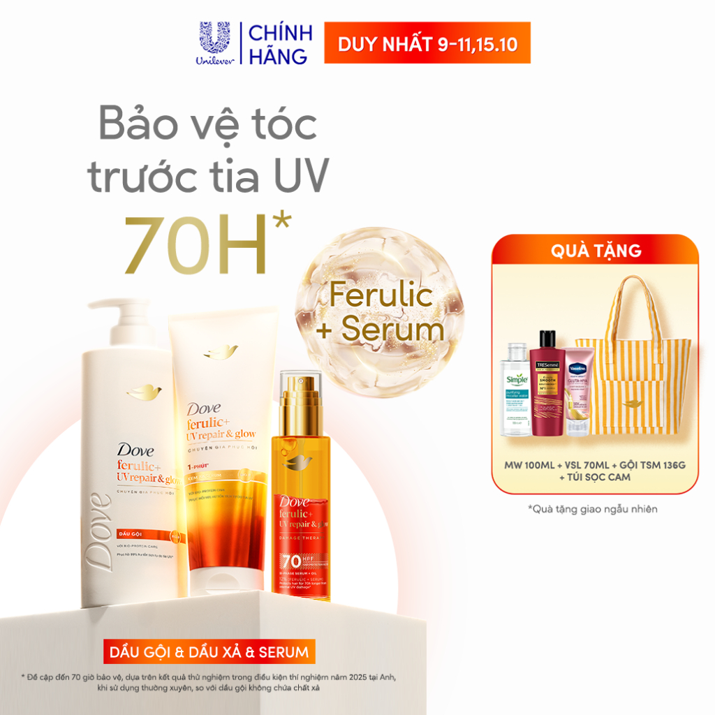 Combo Gội Xả Serum Bảo Vệ Tóc Trước Tia UV Dove Ferulic+ Repair & Glow 600G…