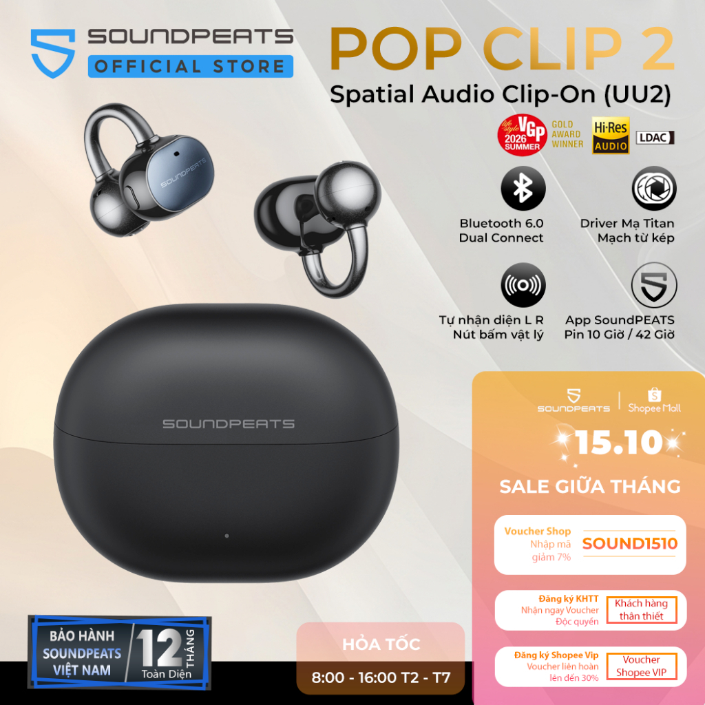 Tai Nghe True Wireless SoundPEATS POP Clip 2 Hires LDAC | Loa Mạ Titan + Mạch Kép | Bluetooth 6.0