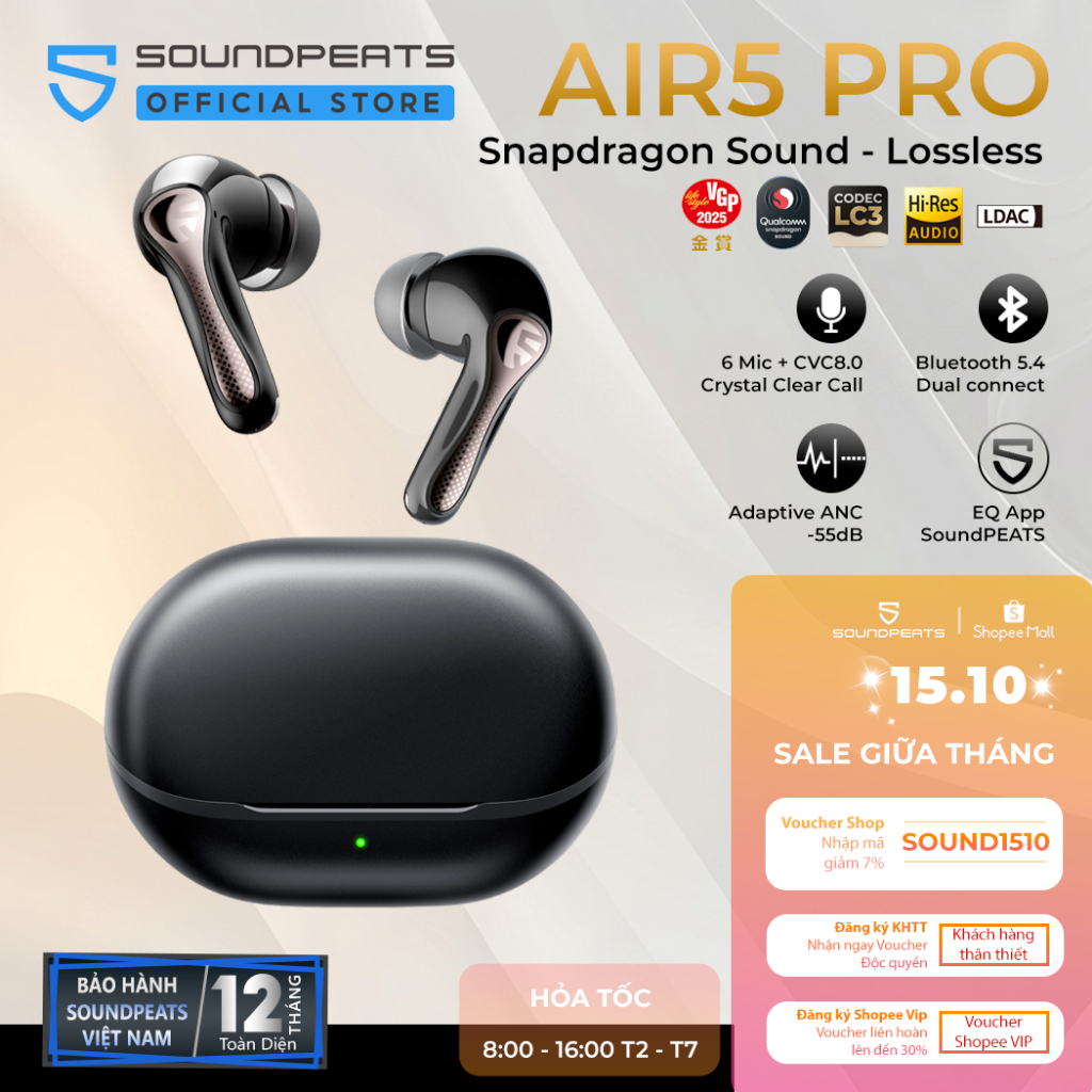 Tai nghe True Wireless SoundPEATS Air5 Pro ANC 55dB LDAC Le Audio APTX…