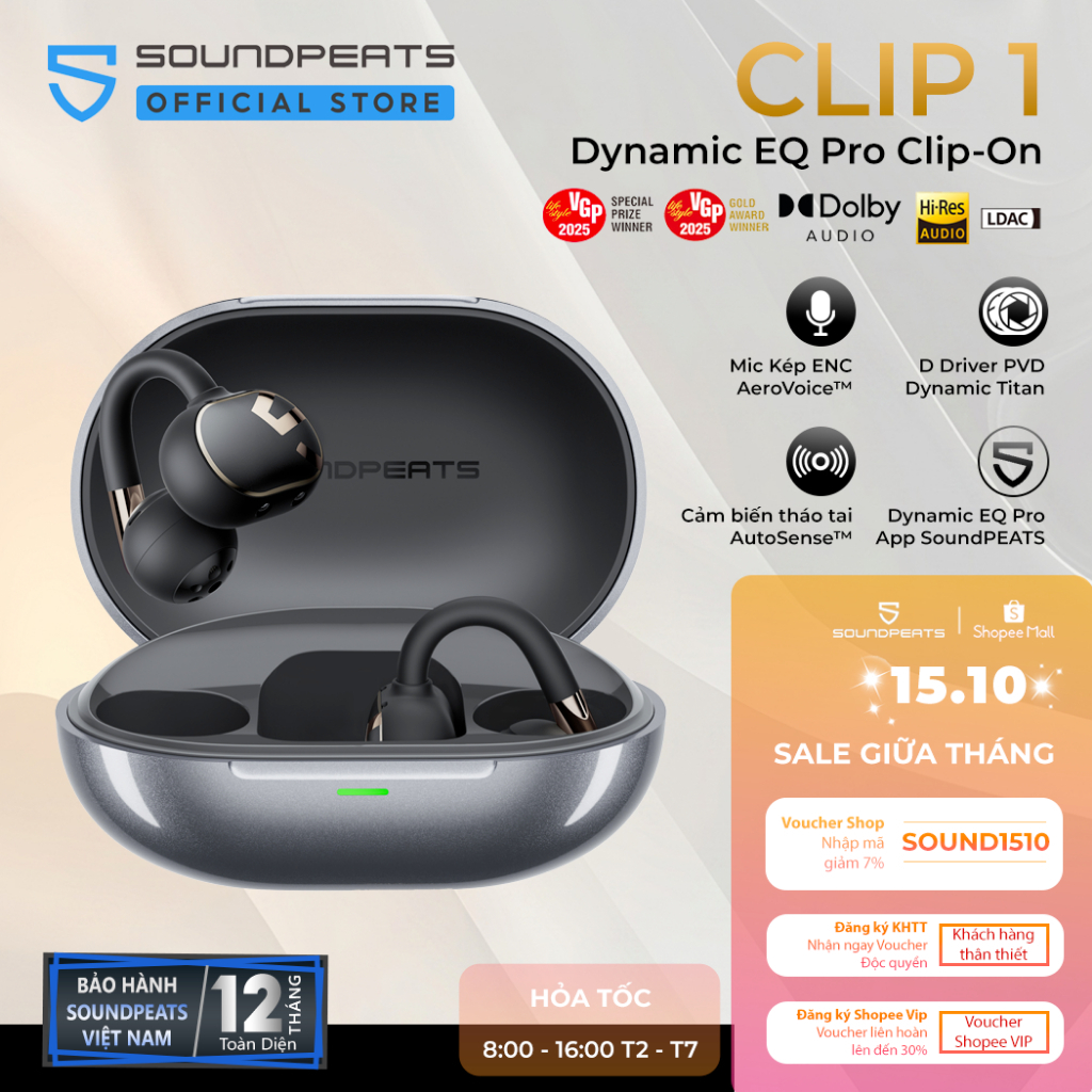 Tai Nghe True Wireless SoundPEATS Clip 1 | Driver Dynamic DVP Titan Kép | DynamicEQ Pro | Bluetooth 5.4