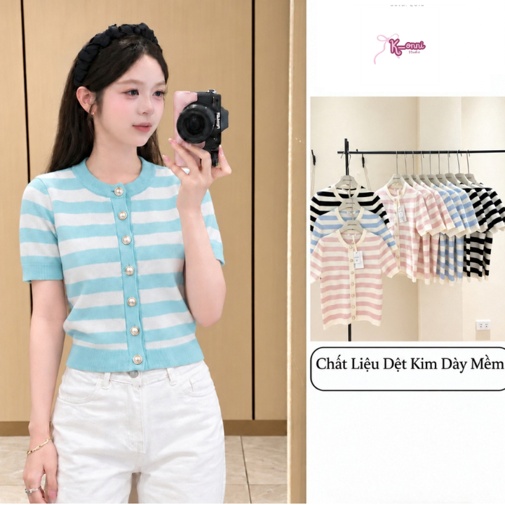 Áo len nữ cổ tròn tay ngắn dệt kim K39 Áo len kẻ sọc phối cúc hoa sen tinh tế phong cách basic
