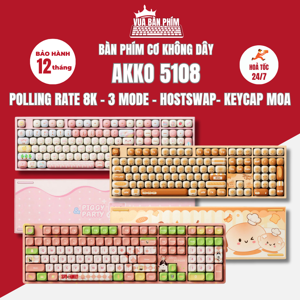Bàn phím cơ không dây Akko 5108 / mg108b / 5108 plus keycap Mantou Paradise / Pig Party / Spy x Family, led rgb, hotswap