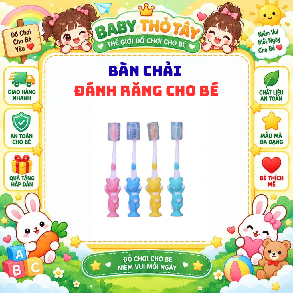 Bàn Chải Đánh Răng Cho Bé Hình Gấu Dễ Thương Có Nắp Đậy 4 Màu