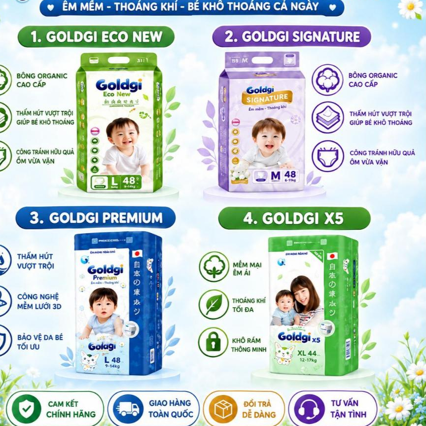 Bỉm dán/quần Goldgi+ size Nb92/S84/M66/M60/L56/L48/XL46/XL44/XXL34