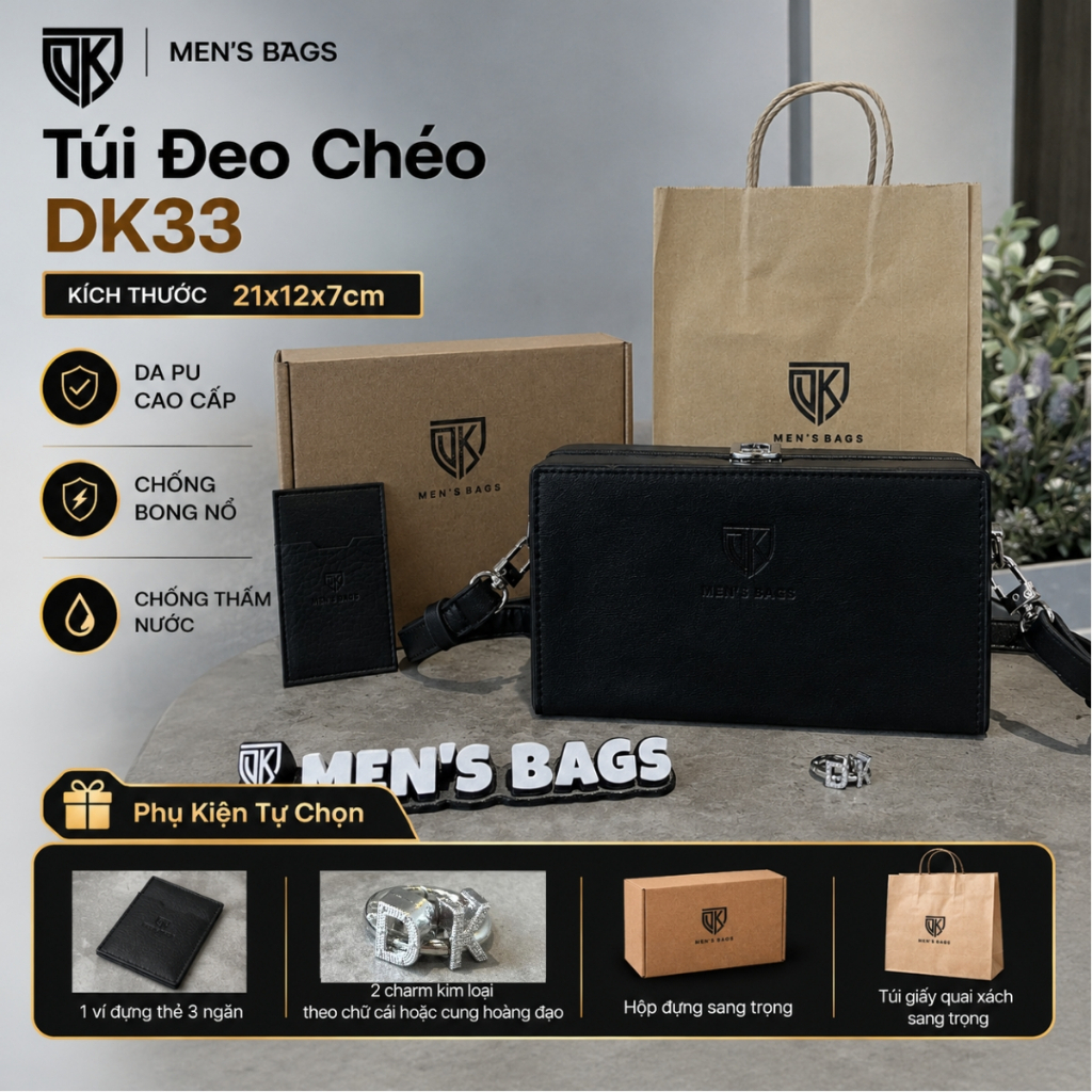 Sét quà tặng nam - Túi Đeo Chéo Hộp Nam Nữ DK33 Màu Đen – DK Men's Bags | Da Pu cao cấp