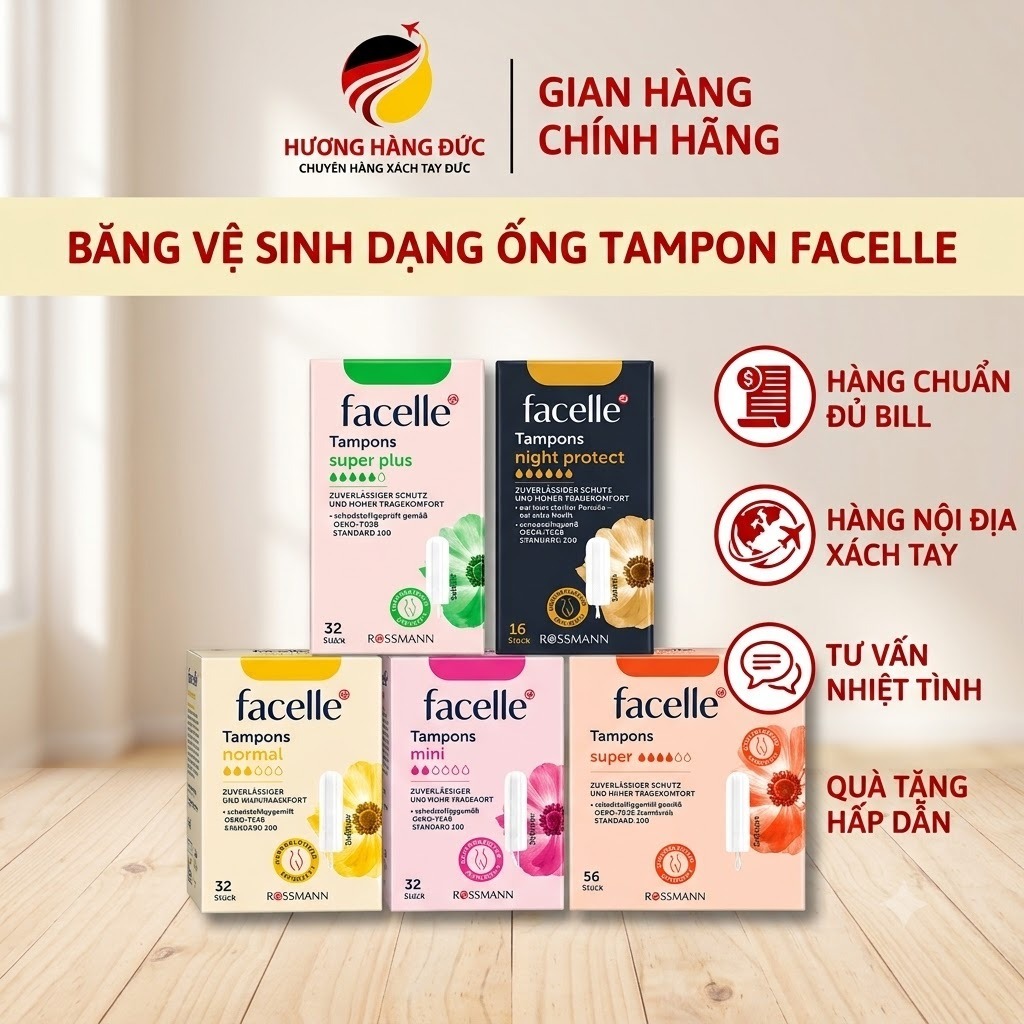 Băng Vệ Sinh dạng ống Tampon Facelle – Chất Liệu Mềm Mại, An Toàn, Đầy Đủ Size Chuẩn Đức