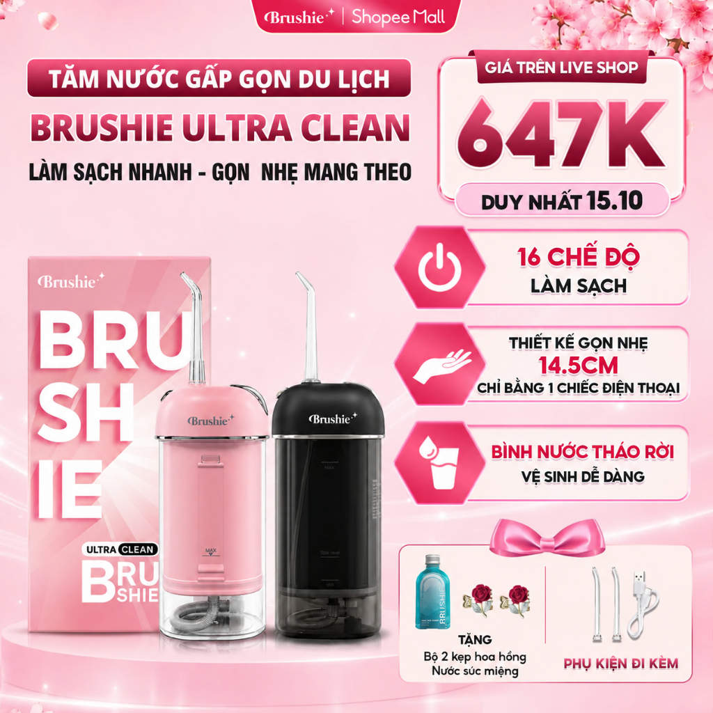 Tăm Nước BRUSHIE ULTRA CLEAN 16 Chế Độ Làm Sạch, Máy Tăm Nước Gấp Gọn Du Lịch…