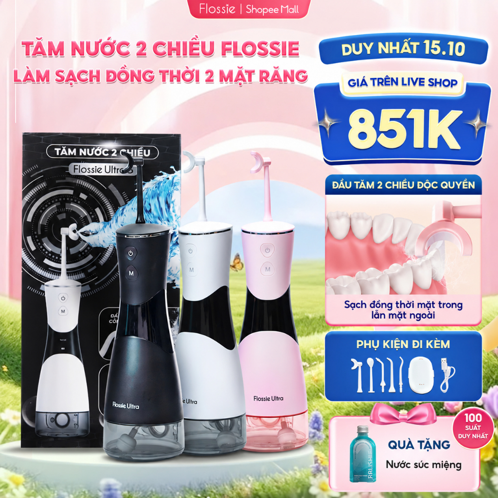 Tăm Nước FLOSSIE ULTRA Cầm Tay 2 Chiều 5 Chế Độ Làm Sạch Sâu Phù Hợp Người Niềng Răng, LIS