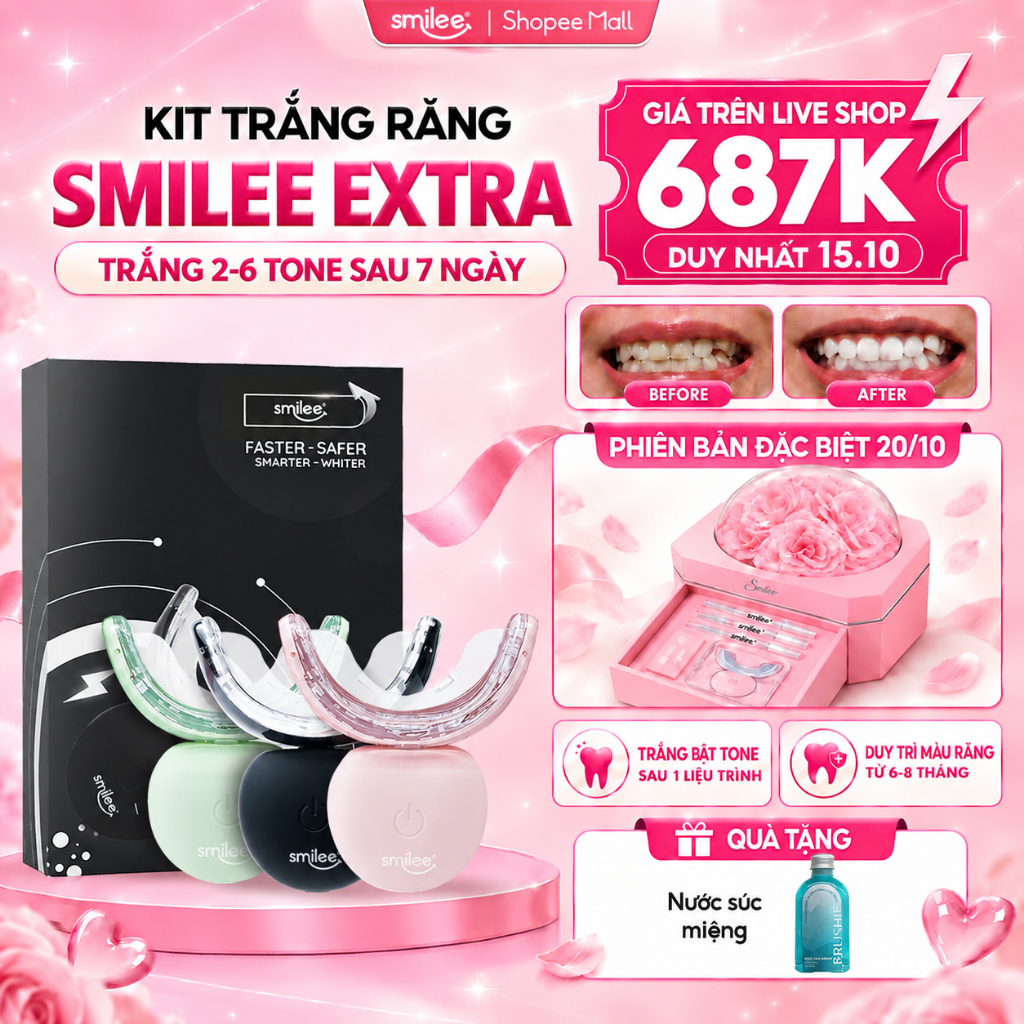 Trắng răng SMILEE EXTRA, bộ kit làm trắng răng từ 2-6 tone , bộ quà tặng 20/10…