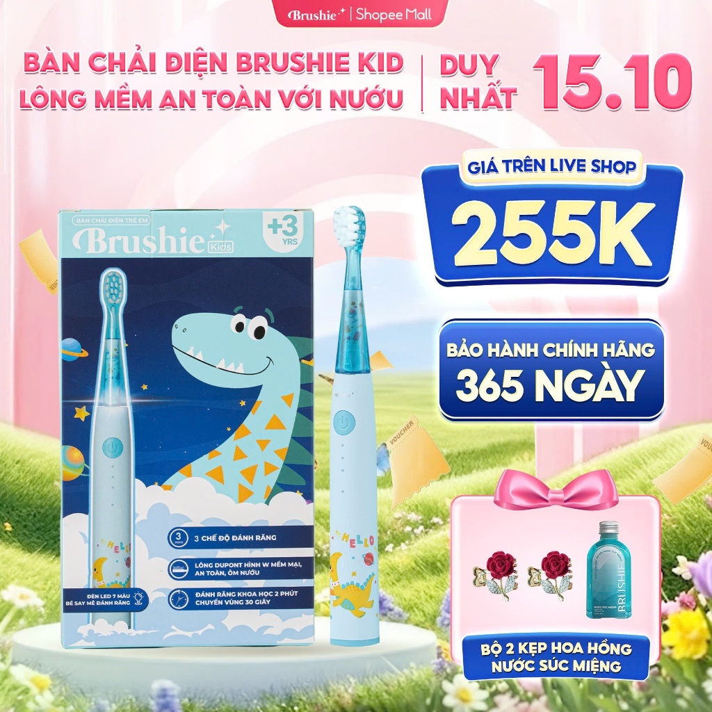 Bàn chải điện Brushie Kids đầu lông bàn chải mềm mượt, 3 chế độ làm sạch răng…