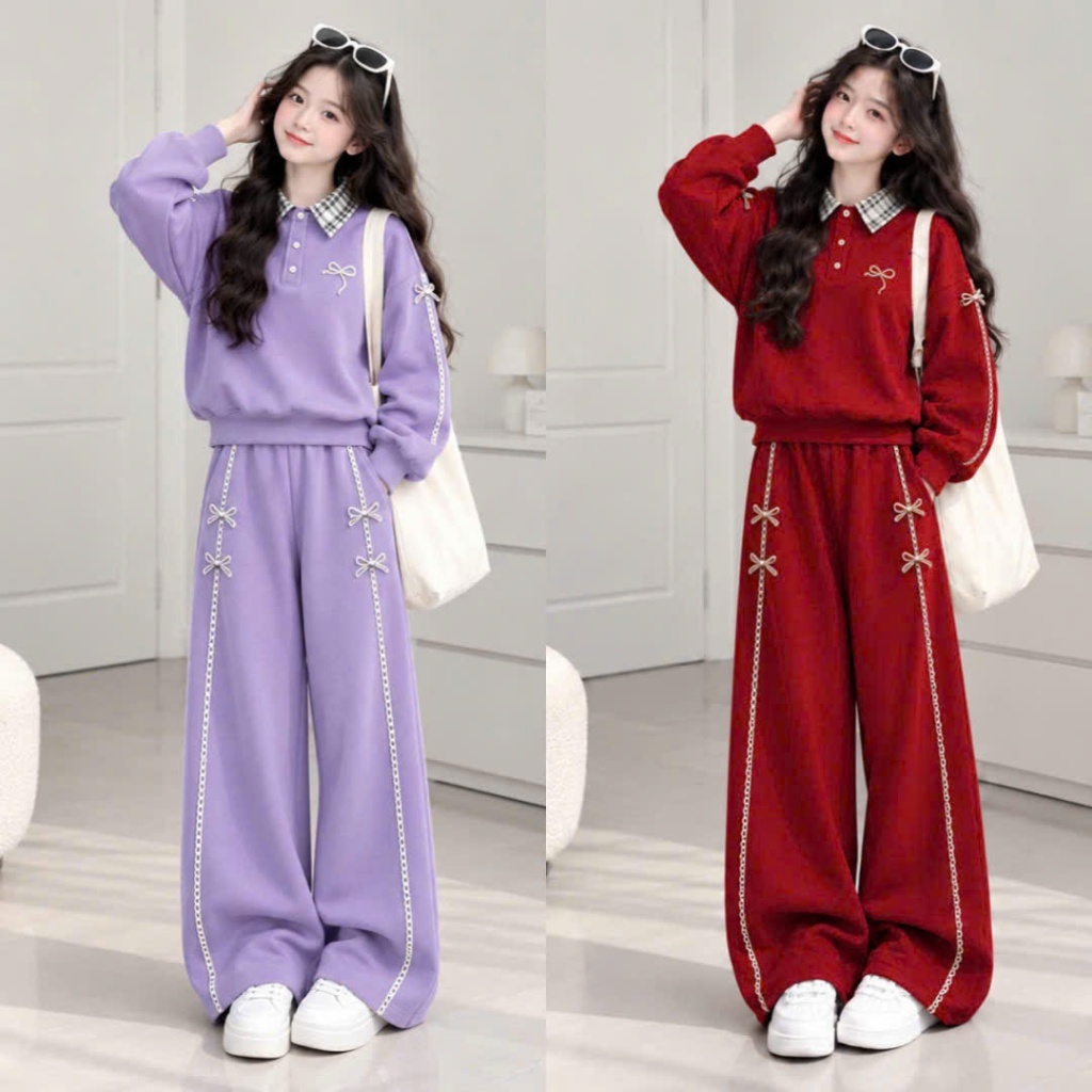 Sét bộ nỉ cổ kẻ sz 15-45 kg chất nỉ mềm mại ,kết hợp viền ren đính nơ dễ thương cho bé gái