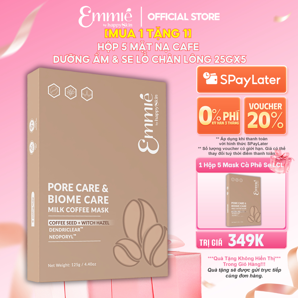MỚI Hộp 5 Mặt nạ Cà phê Emmie dưỡng ẩm & Se lỗ chân lông Cân bằng vi sinh PORE CARE & BIOME CARE MILK COFFEE MASK 25gx5