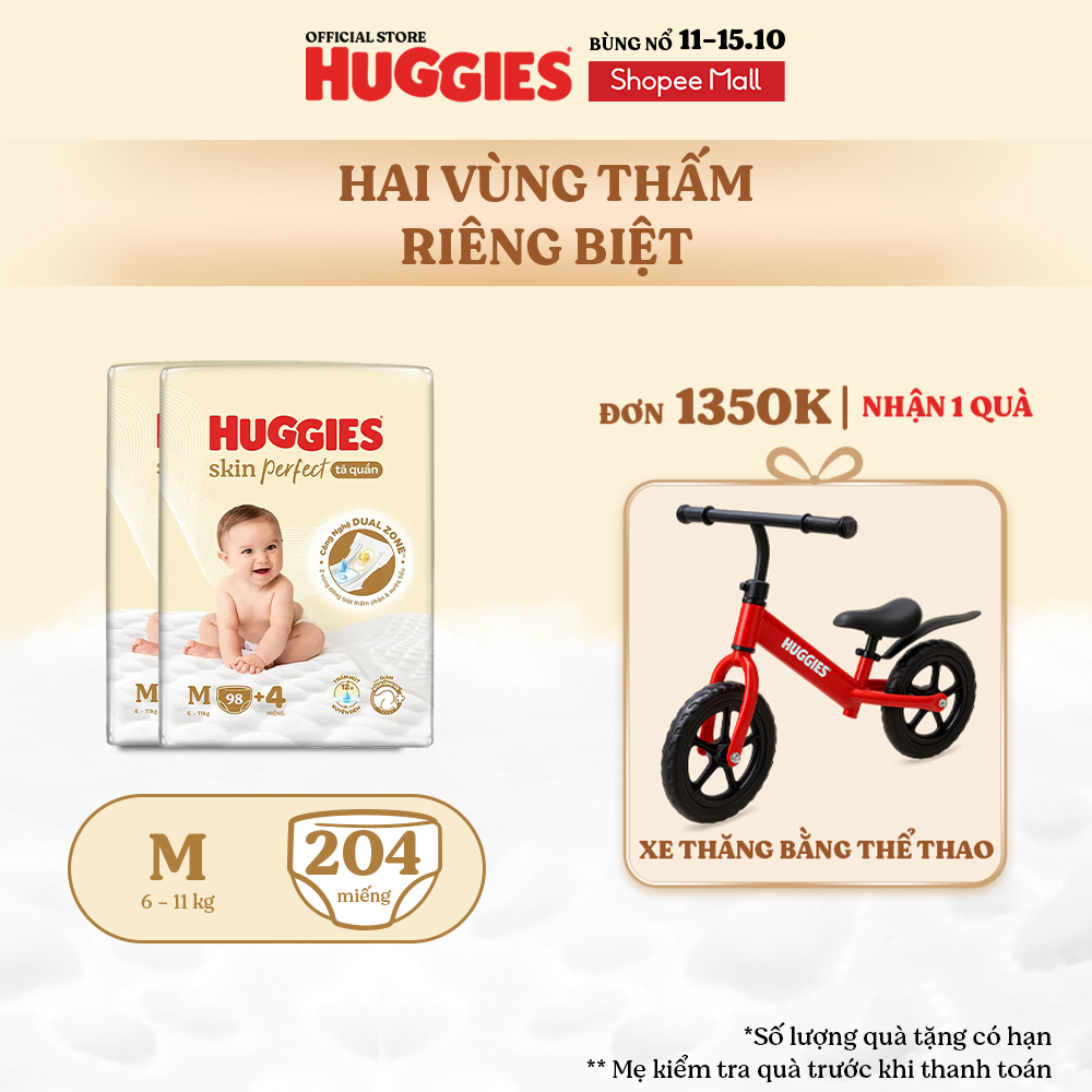 Combo 2 Tã quần Huggies Skin Perfect Mega Jumbo M98/ L88/XL72+4/XXL64+4 2 vùng thấm giảm kích ứng da
