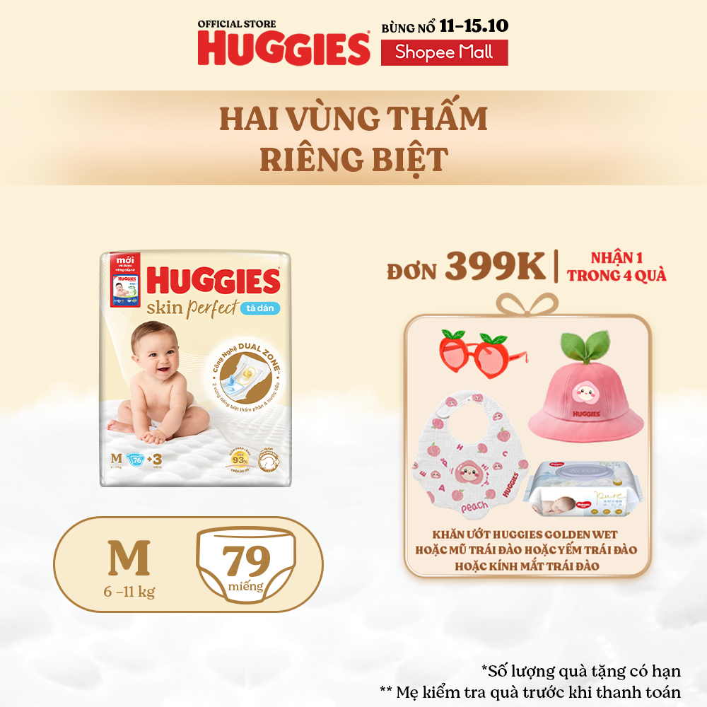 Tã/bỉm dán sơ sinh Huggies Skin Perfect M 76+3 miếng với 2 vùng thấm giảm kích…