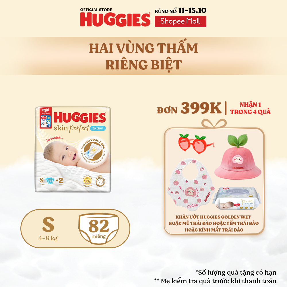 Tã/bỉm dán sơ sinh Huggies Skin Perfect S 80+2 miếng với 2 vùng thấm giảm kích…