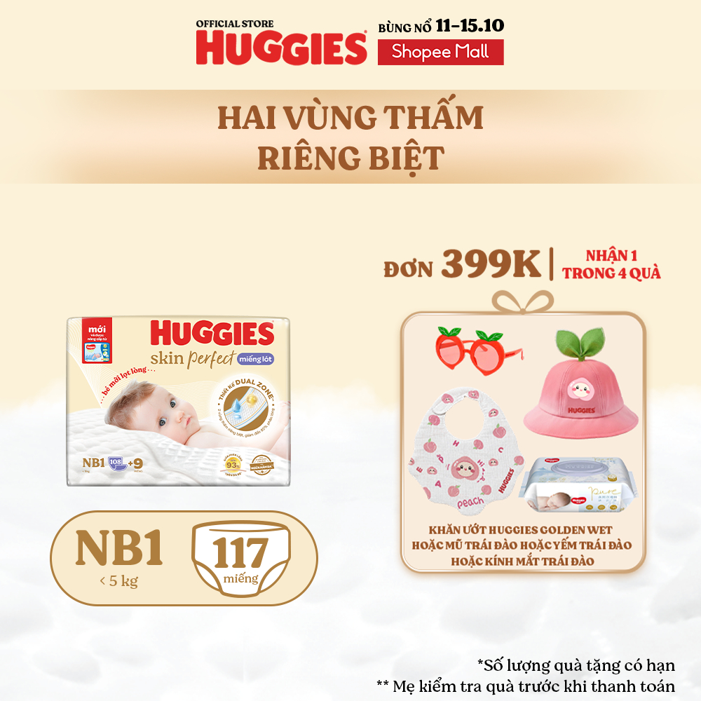 Miếng lót sơ sinh Huggies Skin Perfect NB1 108+6 miếng với 2 vùng thấm giảm kích ứng da