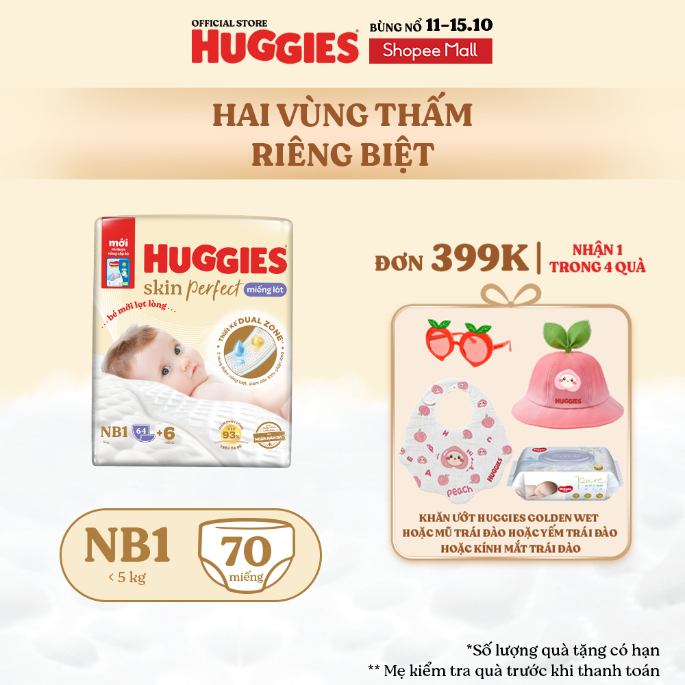 Miếng lót sơ sinh Huggies Skin Perfect NB1 64+4 miếng với 2 vùng thấm giảm kích ứng da