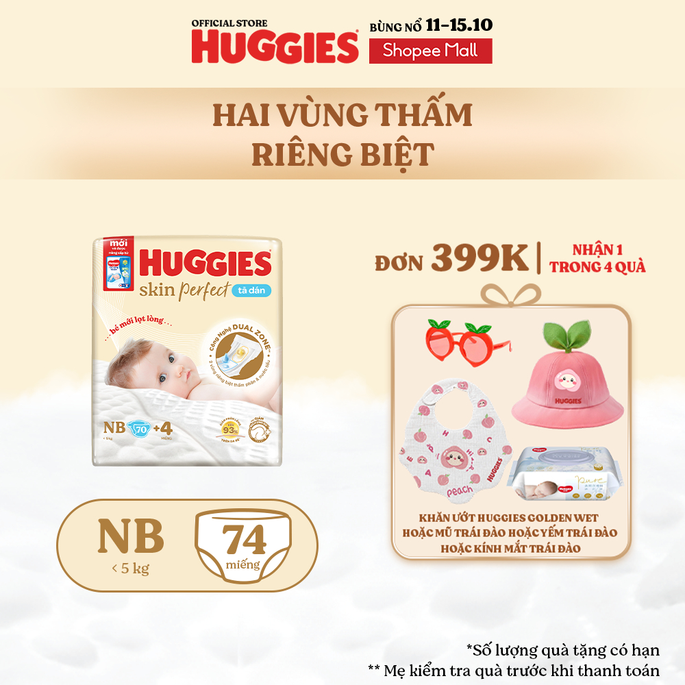 Tã/bỉm dán sơ sinh Huggies Skin Perfect NB70+miếng ngẫu nhiên với 2 vùng thấm giảm kích ứng da