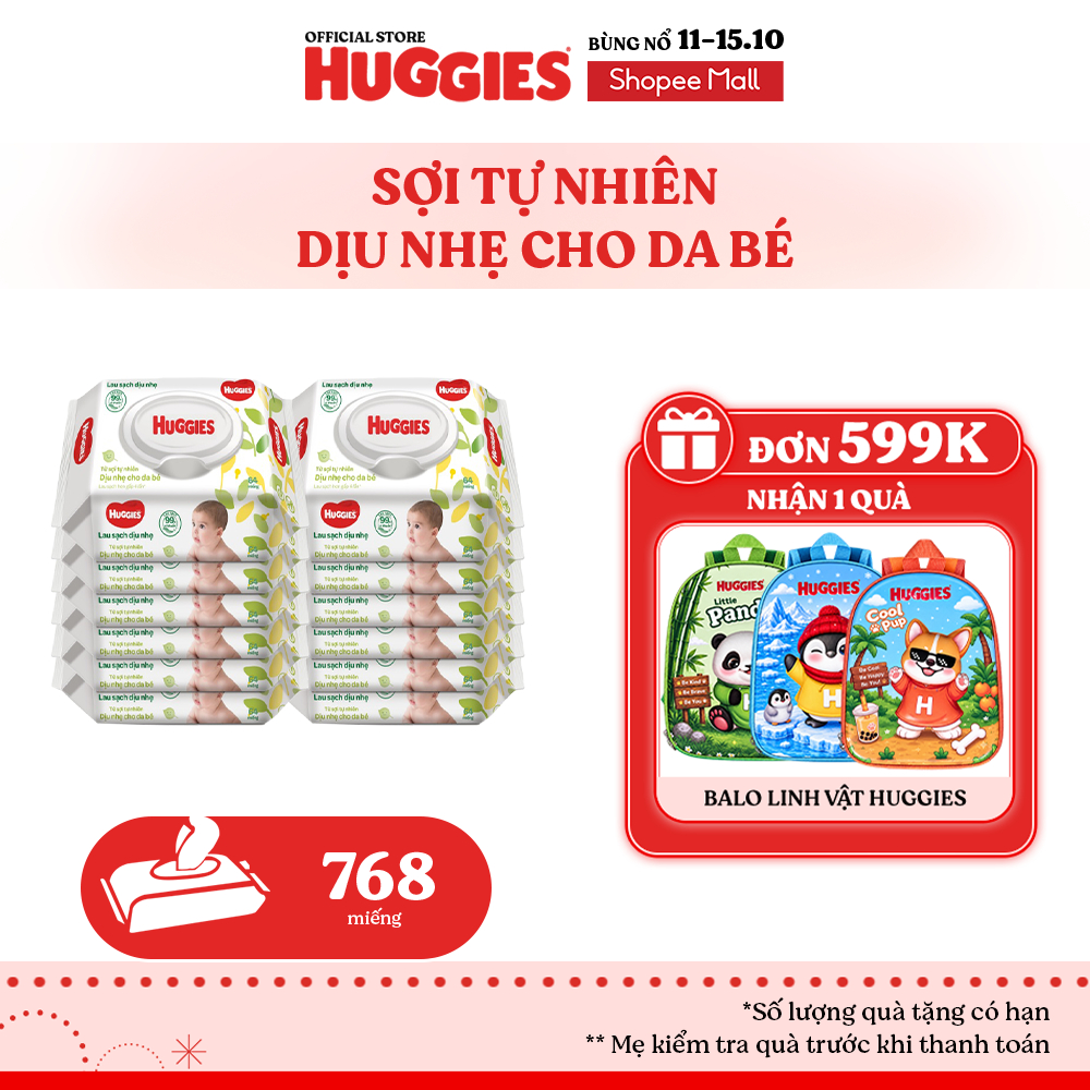 Thùng 12 gói khăn ướt Huggies Êm mềm (không mùi) cao cấp, sợi tự nhiên và dịu nhẹ cho bé (80 miếng/gói)
