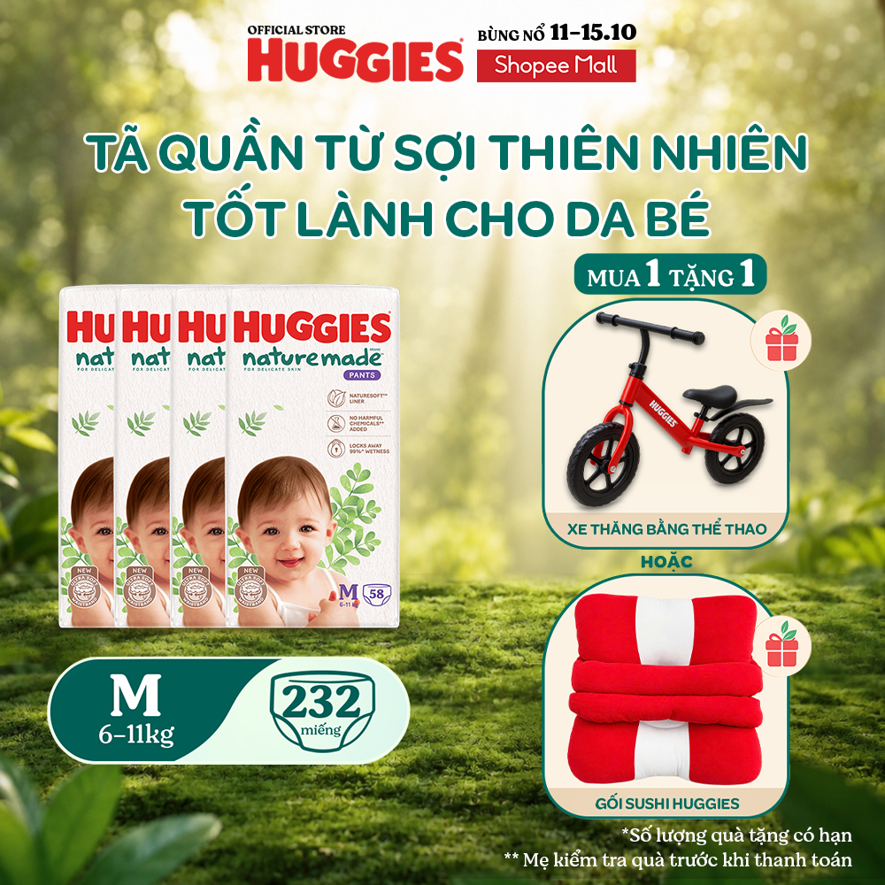 Combo 4 Tã Quần Huggies Platinum Nature Made M58/L44/XL38/XXL26/XXXL28