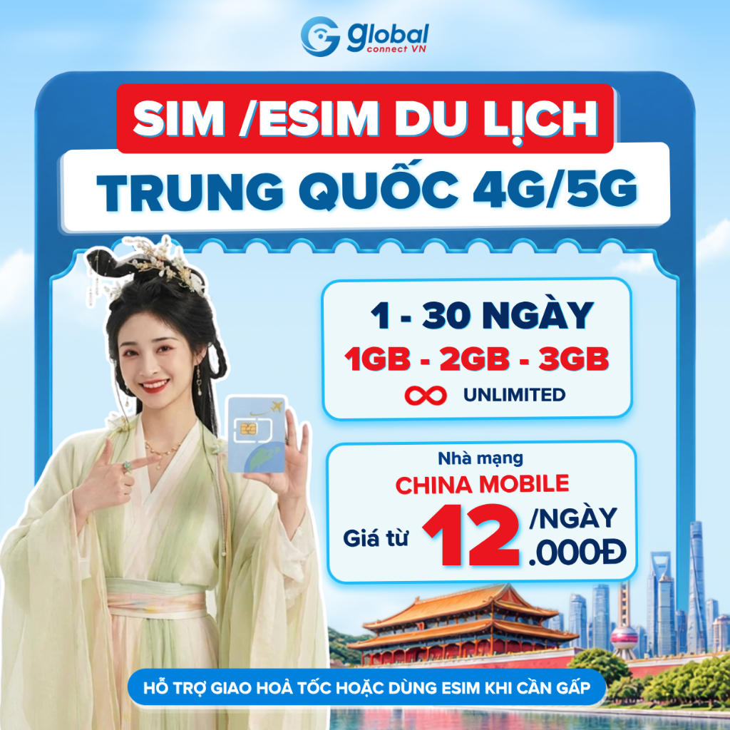 Sim Du Lịch TRUNG QUỐC [1 - 30 Ngày] 4G/ 5G Tốc Độ Cao Và Ổn Định - Tặng Kèm Cây Chọc Sim