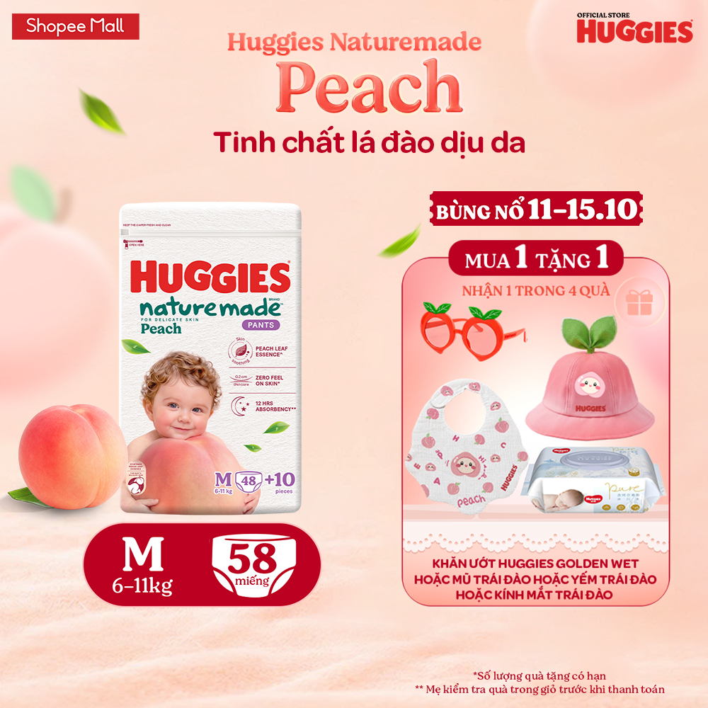 Tã quần Huggies Naturemade Peach M48+10/ L44/ XL38/ XXL26