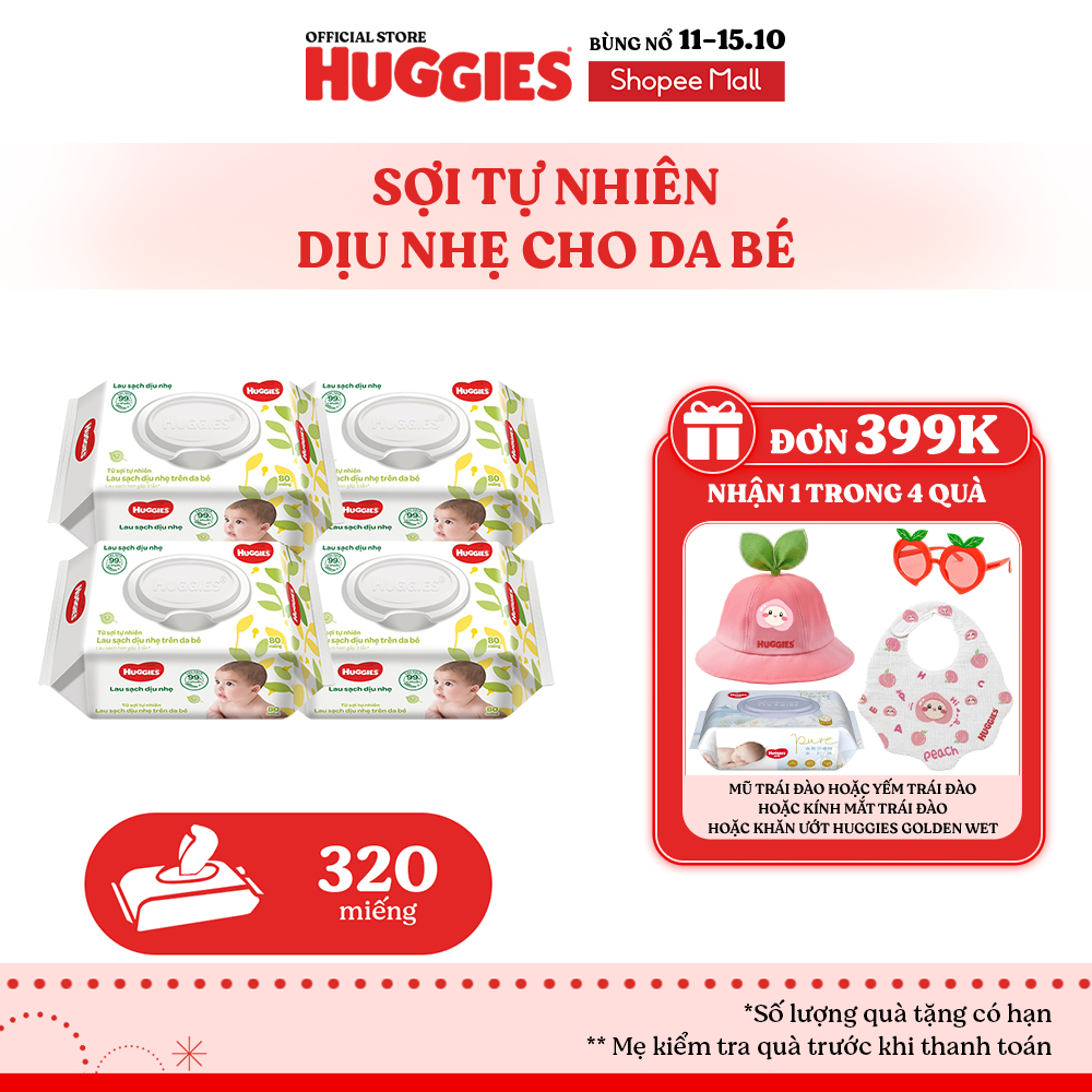 Combo 4 gói khăn ướt Huggies Êm mềm (không mùi) cao cấp, sợi tự nhiên và dịu nhẹ cho bé (80 miếng/gói)