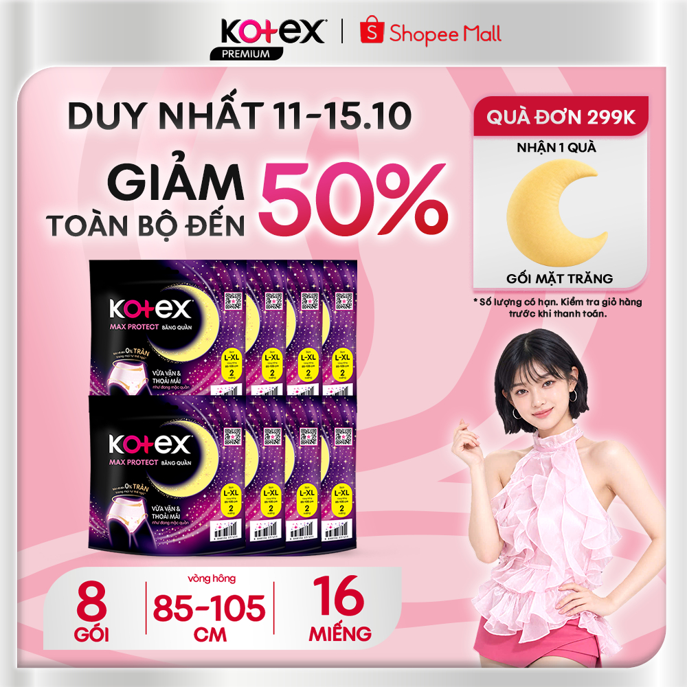 Combo 8 Gói Băng Vệ Sinh Quần Kotex Ban Đêm Chống Tràn 2 Bên, Siêu Thoáng Khí, Siêu Mỏng 0.08cm Cỡ L/Xl 2 Miếng/Gói