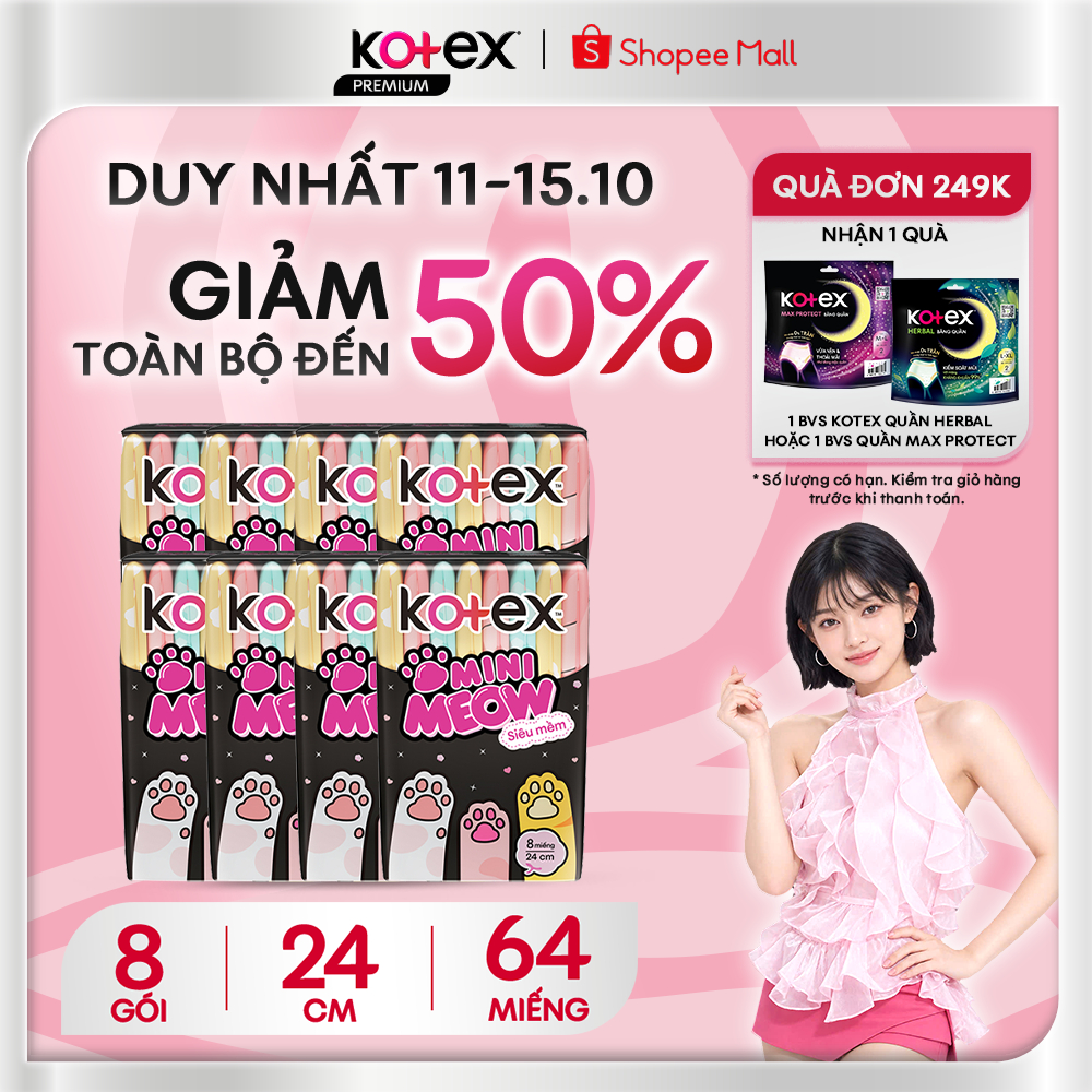 Combo 8 Gói Băng Vệ Sinh Kotex Mini Meow Siêu Mềm 24cm 8 Miếng/Gói