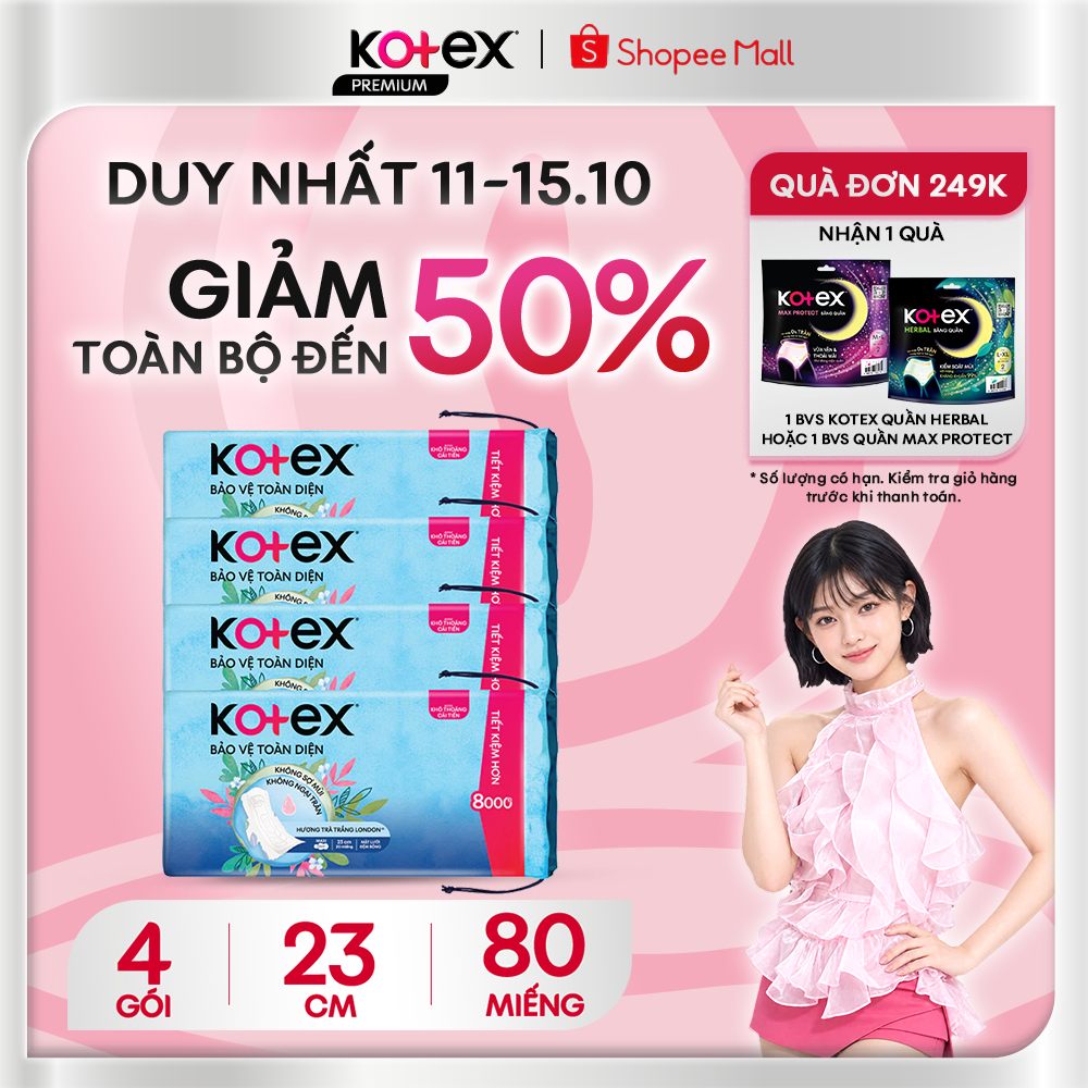 Combo 4 Gói Băng Vệ Sinh Kotex Bảo Vệ Toàn Diện Maxi Cánh, Khử Mùi Tinh Tế…