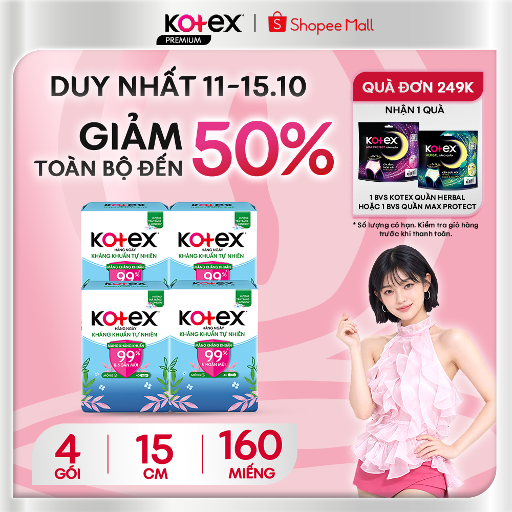 Combo 4 Gói Băng Vệ Sinh Hằng Ngày Kotex Kháng Khuẩn & Khử Mùi 15cm 40 Miếng/Gói