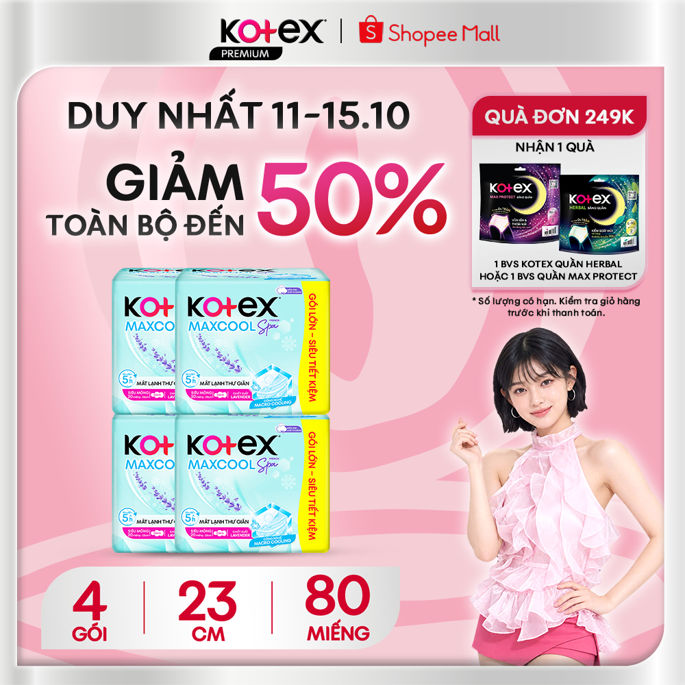 Combo 4 Gói Băng Vệ Sinh Kotex Maxcool French Spa Mát Lạnh Êm, Chiết Xuất…