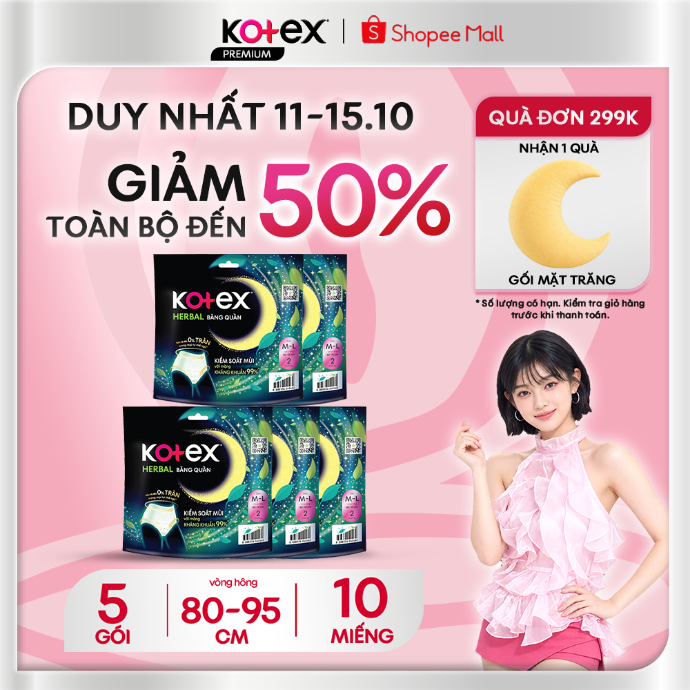 Combo 5 Gói Băng Vệ Sinh Quần Kotex Herbal Ban Đêm Thảo Dược, Kiểm Soát Mùi…