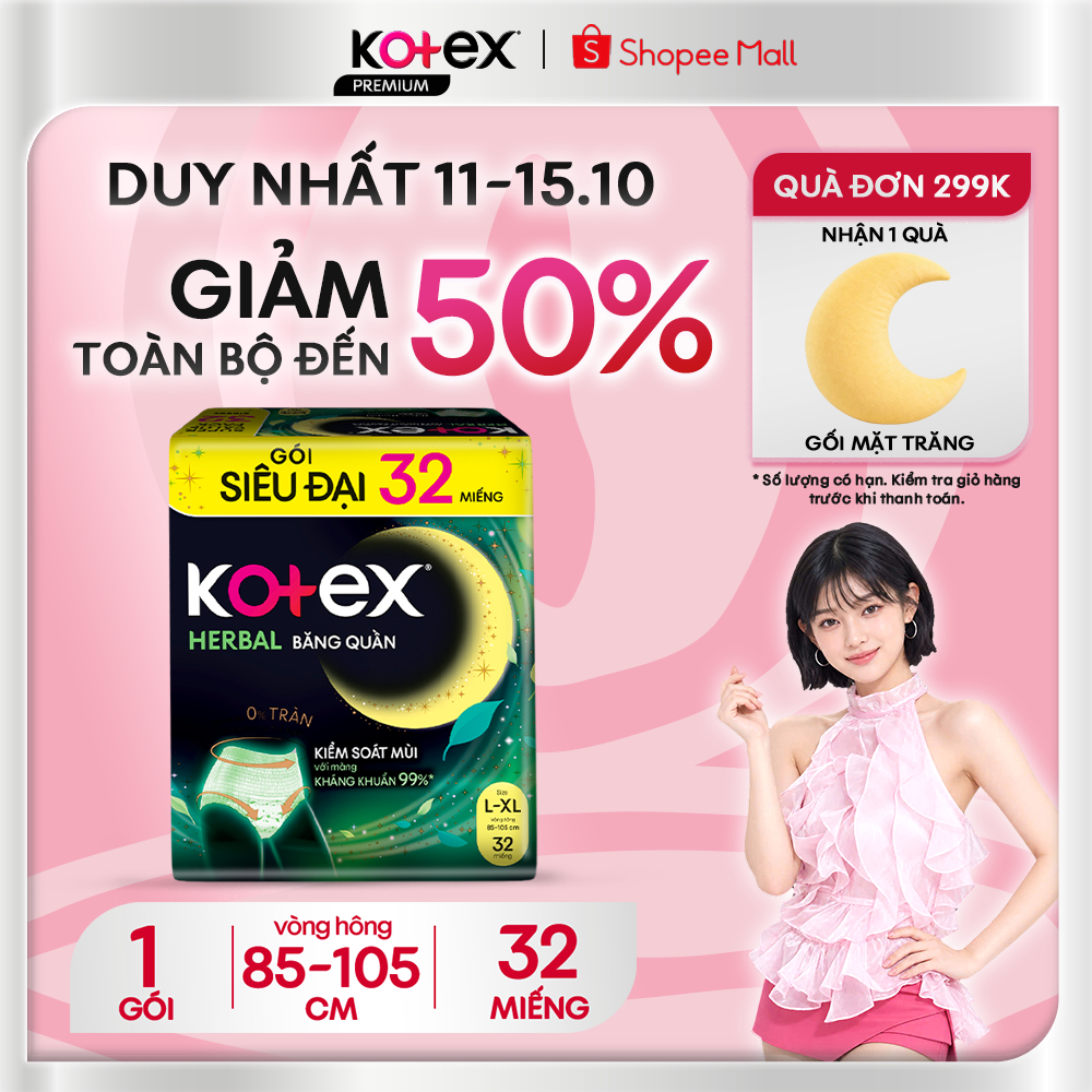 Băng Vệ Sinh Dạng Quần Kotex Thảo Dược Ban Đêm Cỡ L/XL 32 Miếng/Gói