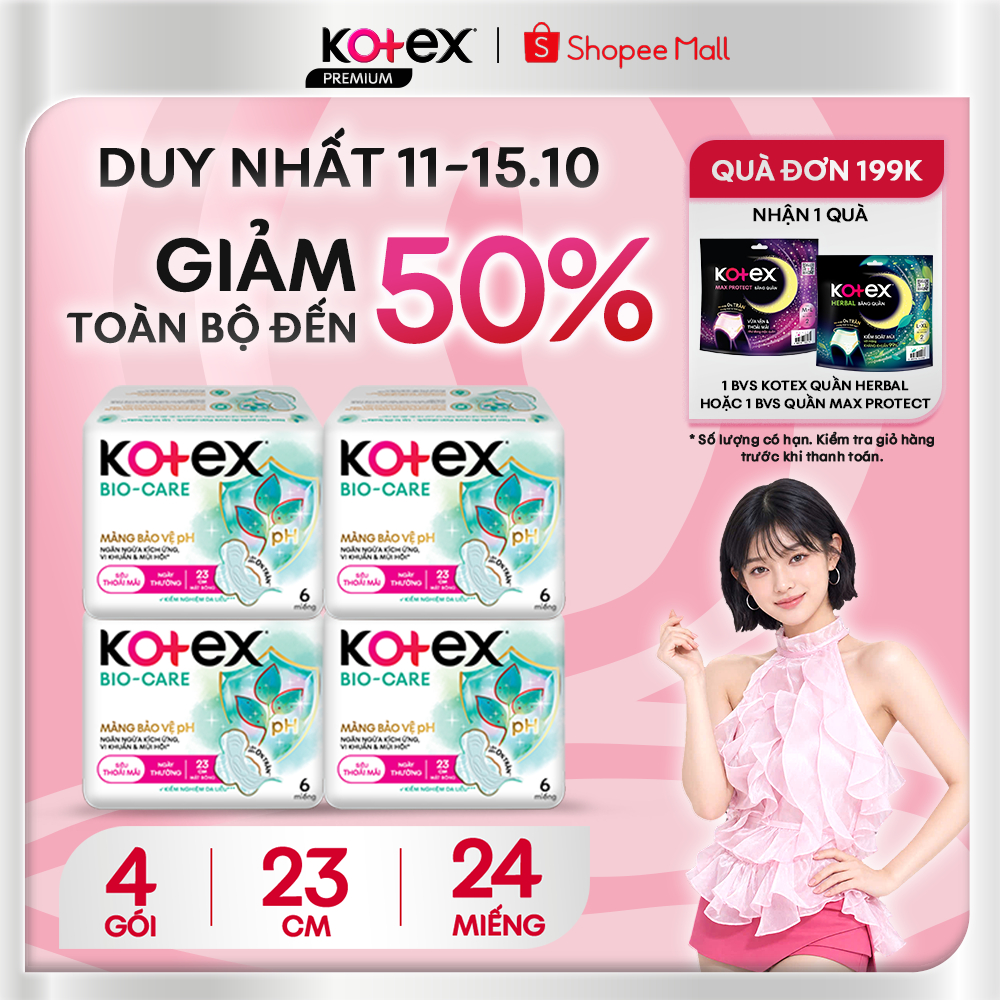 Combo 4 Băng vệ sinh Kotex Biocare Ban Ngày siêu mỏng cánh 23cm - 6 miếng/gói