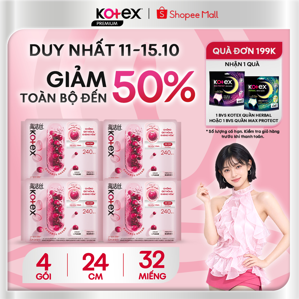 Combo 4 băng vệ sinh Kotex Cranberry Nam Việt Quất Kháng Viêm, Chống Oxy Hóa…