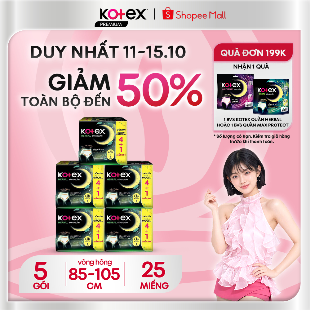Combo 5 Băng Vệ Sinh Kotex Băng quần Thảo Dược cỡ M/L L/XL (4+1 Miếng)