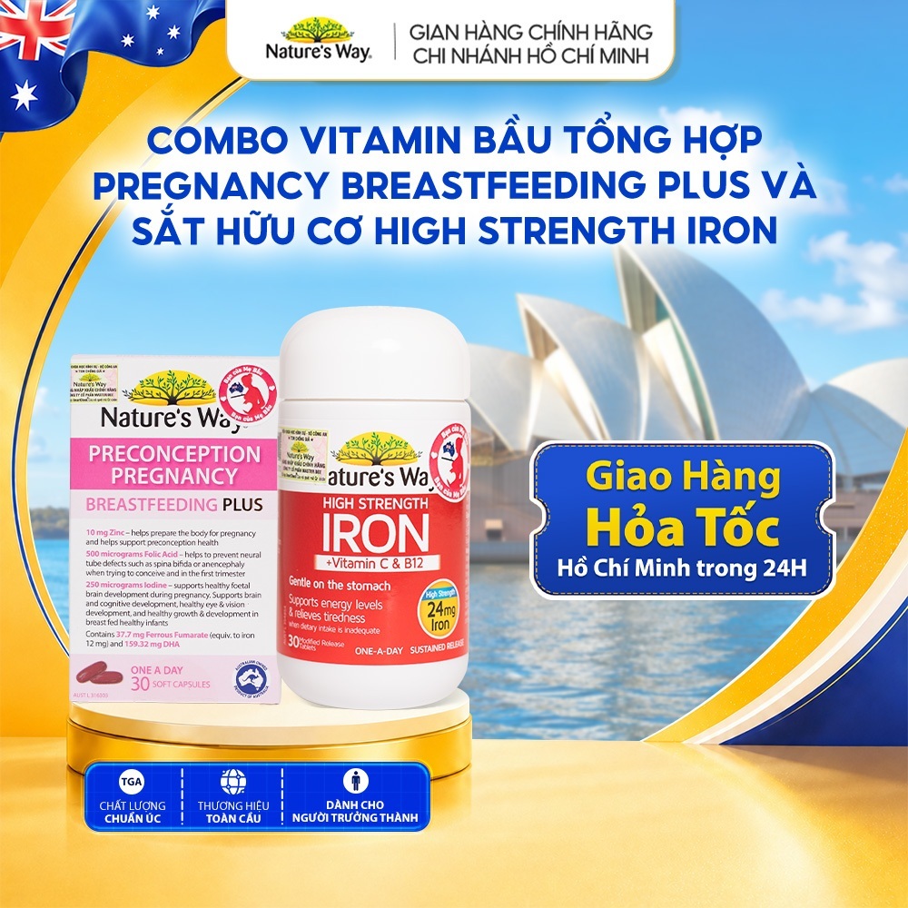 Combo Vitamin Bầu Thông Minh: Vitamin Bầu Tổng Hợp Nature's Way Pregnancy Breastfeeding Plus và Sắt 