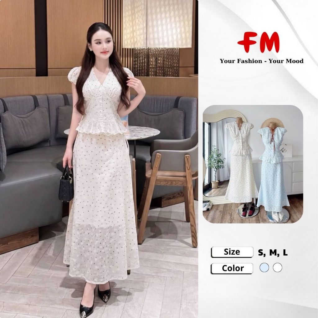 FMSTYLE Set Bộ Nữ Váy suông chấm bi + áo cổ V 2 Màu Siêu Xinh Đủ Size S M L 26090339